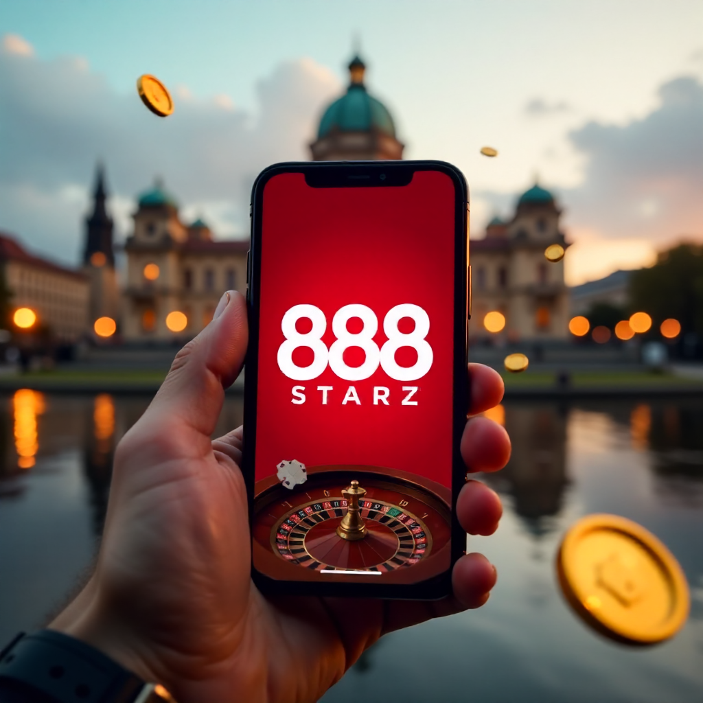 A premium smartphone held in a hand featuring the 888starz app, with the Palace of Culture and Science in Warsaw in the background, official red and white brand colors, 3D flying golden coins and roulette elements, cinematic lighting, 8k.